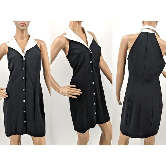 Vintage 90s Shelli Segal Tuexdo Halter Dress Mini Rhinestone Button Front Vest 4 - Picture 9 of 9